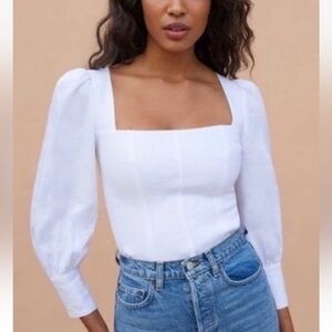 Reformation Stilton Linen Top Smocked Long Sleeve White Blouse Size 0